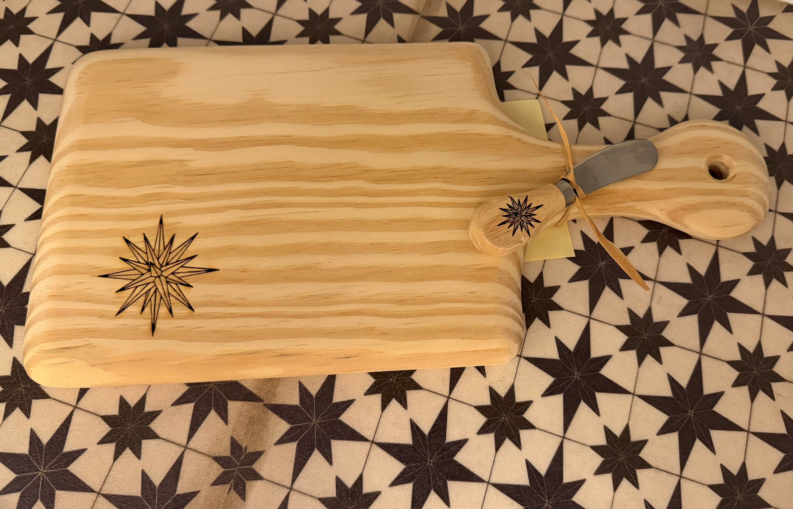 Moravian star wood charcuterie board with matching knife